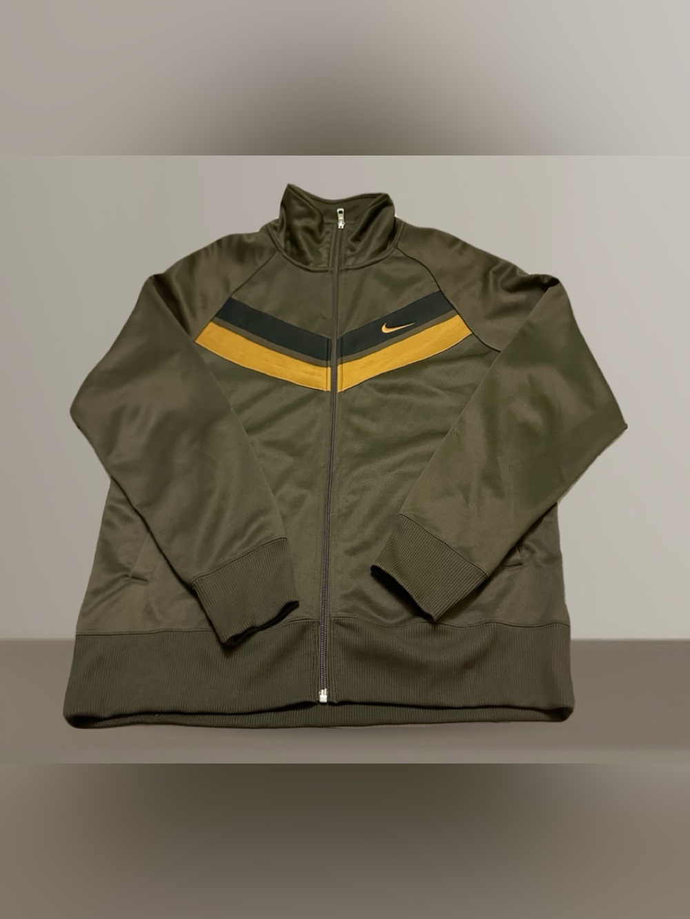 Nike Y2K Olive Green Full-Zip Bomber Jacket with Black and Gold Chevron L